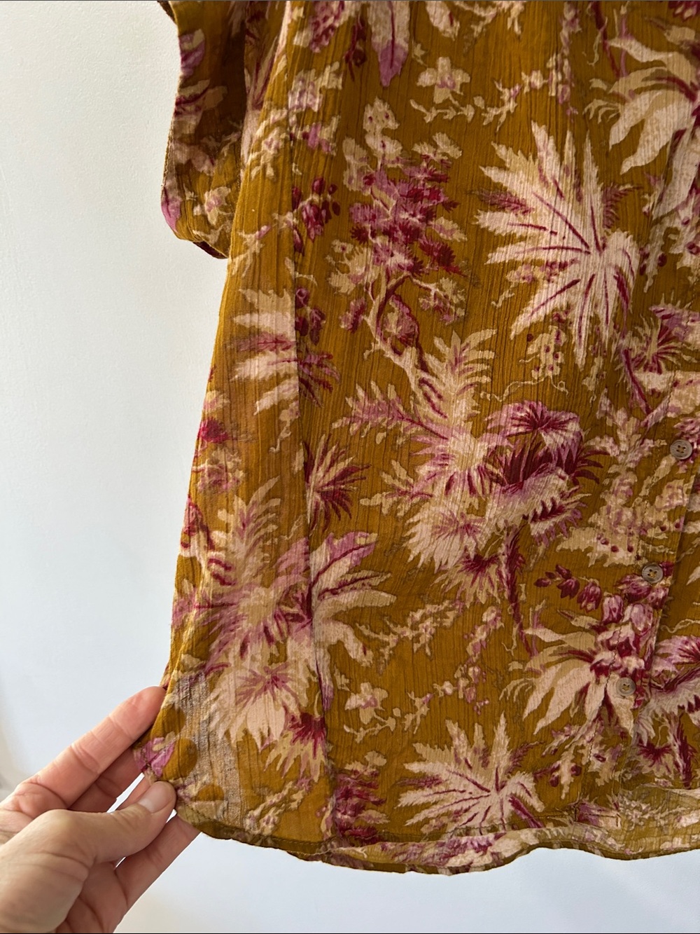 Pilcro Short Sleeved Batwing Button Blouse Mustard Pink Tropical Print Oversized - Picture 14 of 15